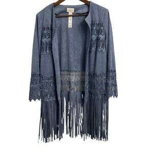 Chico’s Faux Suede Lace Trim Fringe Jacket Blue Women’s Medium Boho Cowgirl